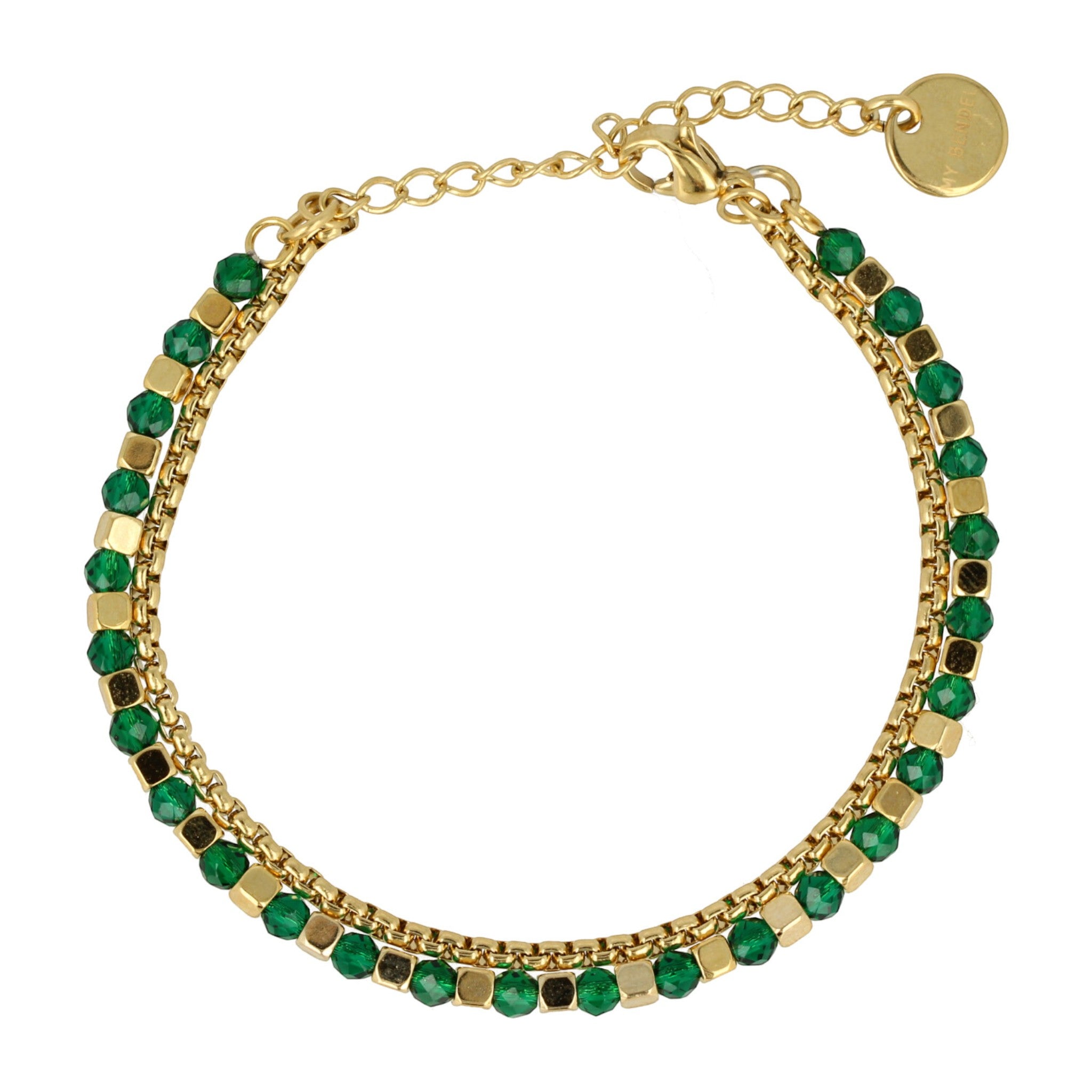 Gouden dubbele armband met groene glaskristallen