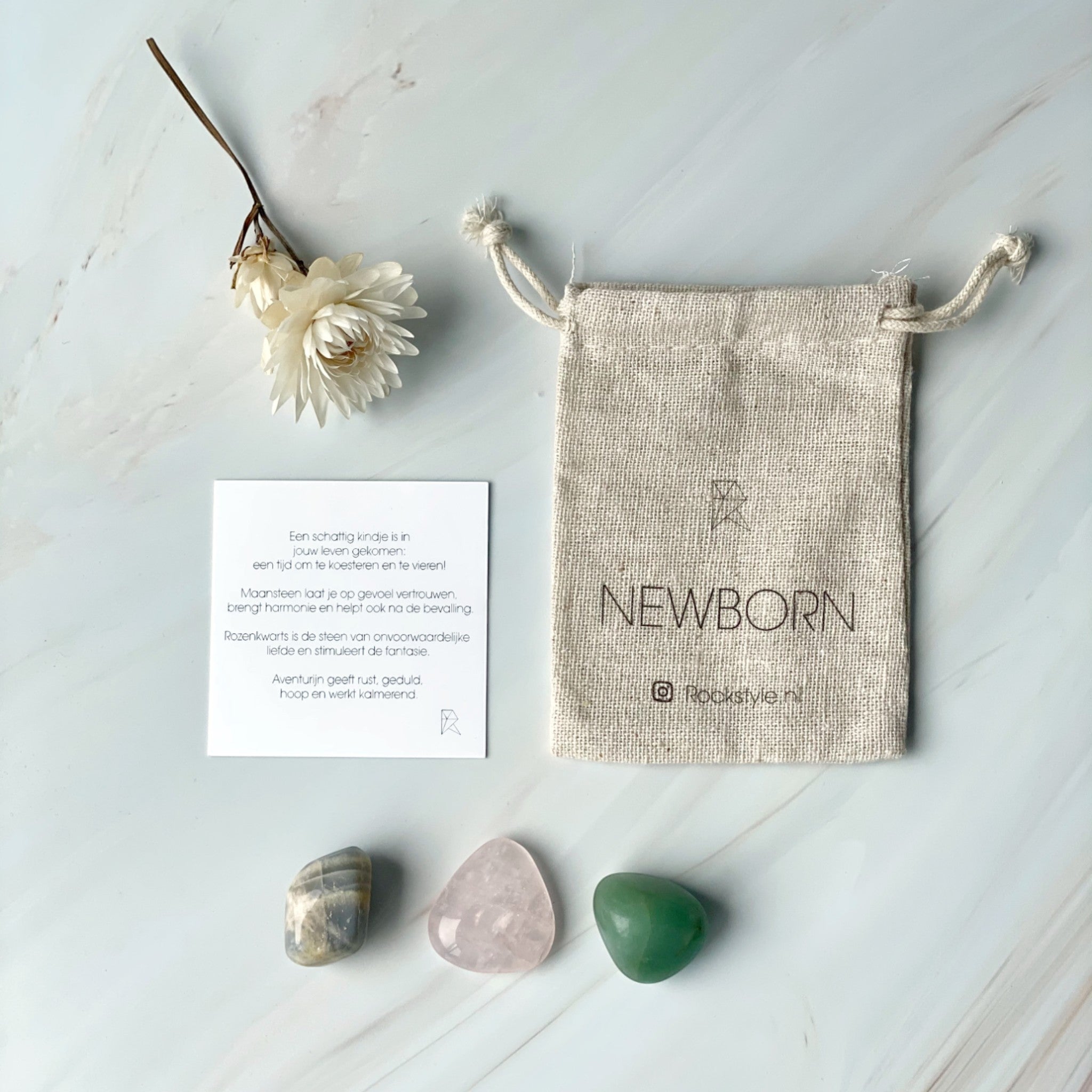 Power Crystals – Newborn (rozenkwarts, maansteen en aventurijn)