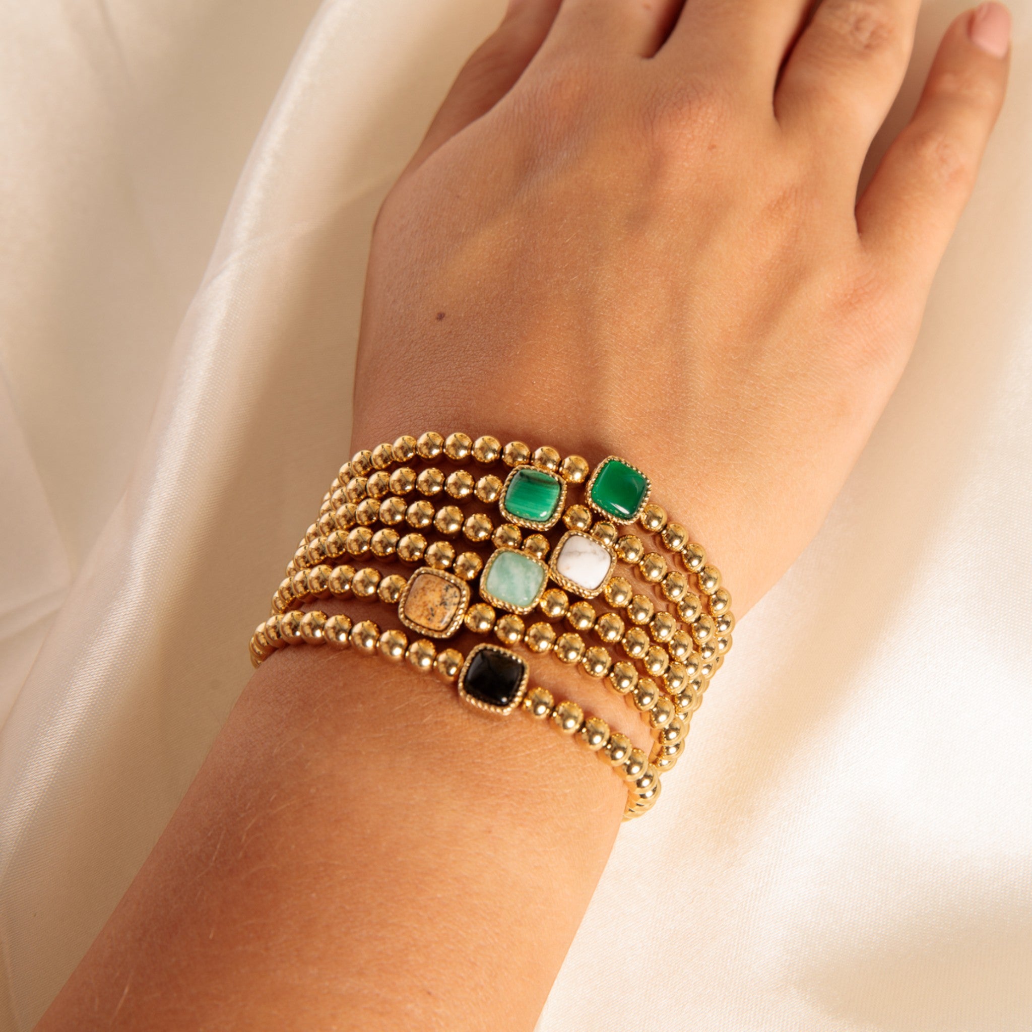 Gouden armband met vierkante Groene Agaat edelstenen