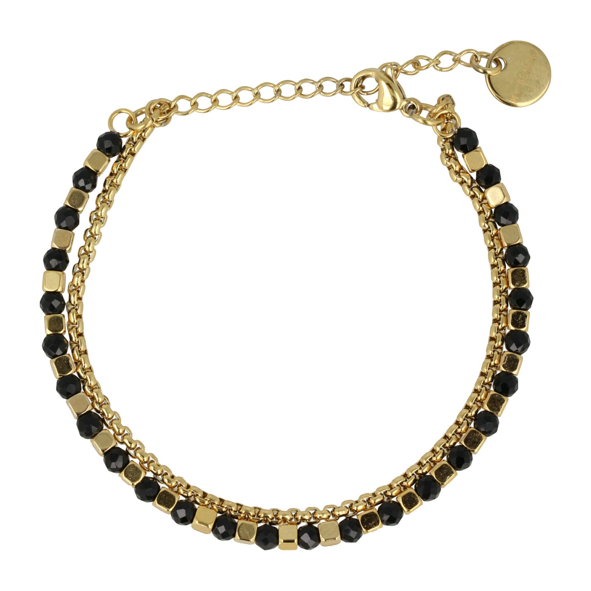 Gouden dubbele armband met zwarte glaskristallen