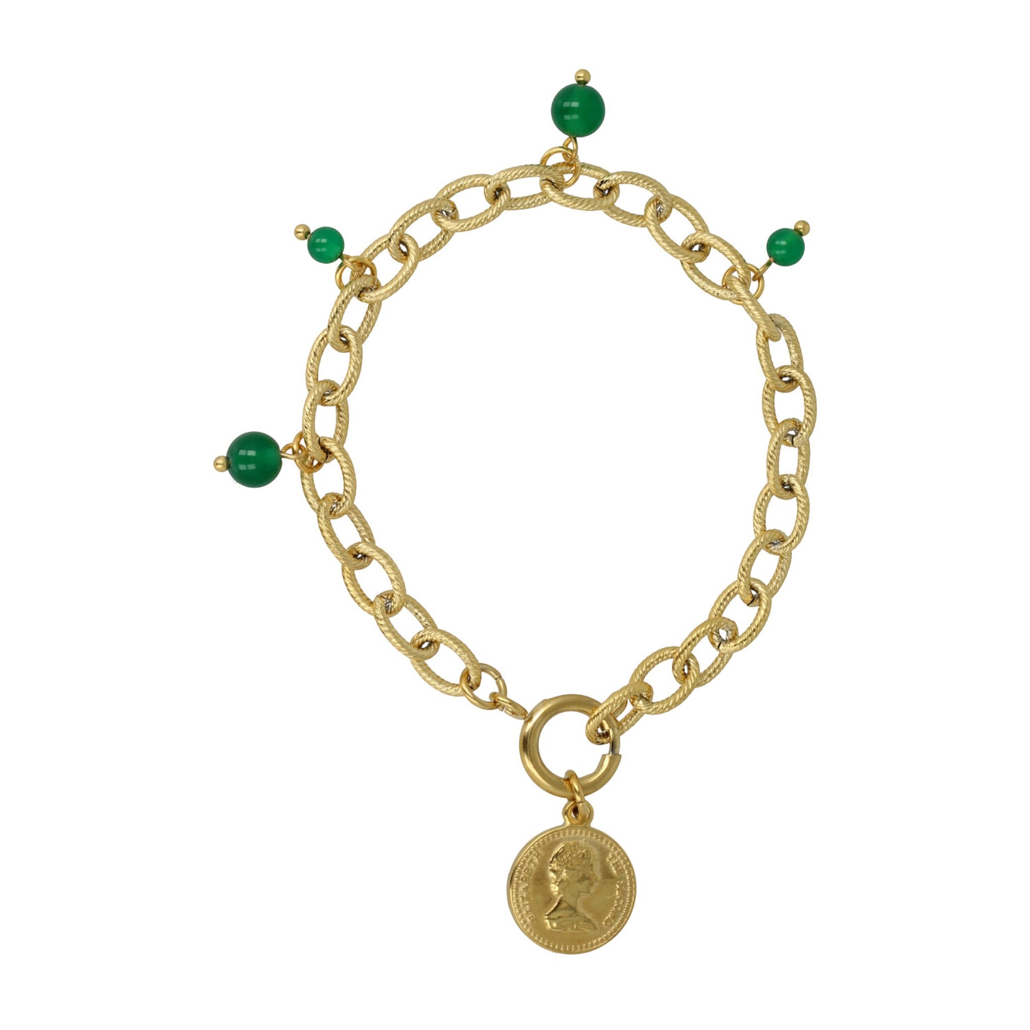 Gouden getwiste schakelarmband met Green Agate bedels