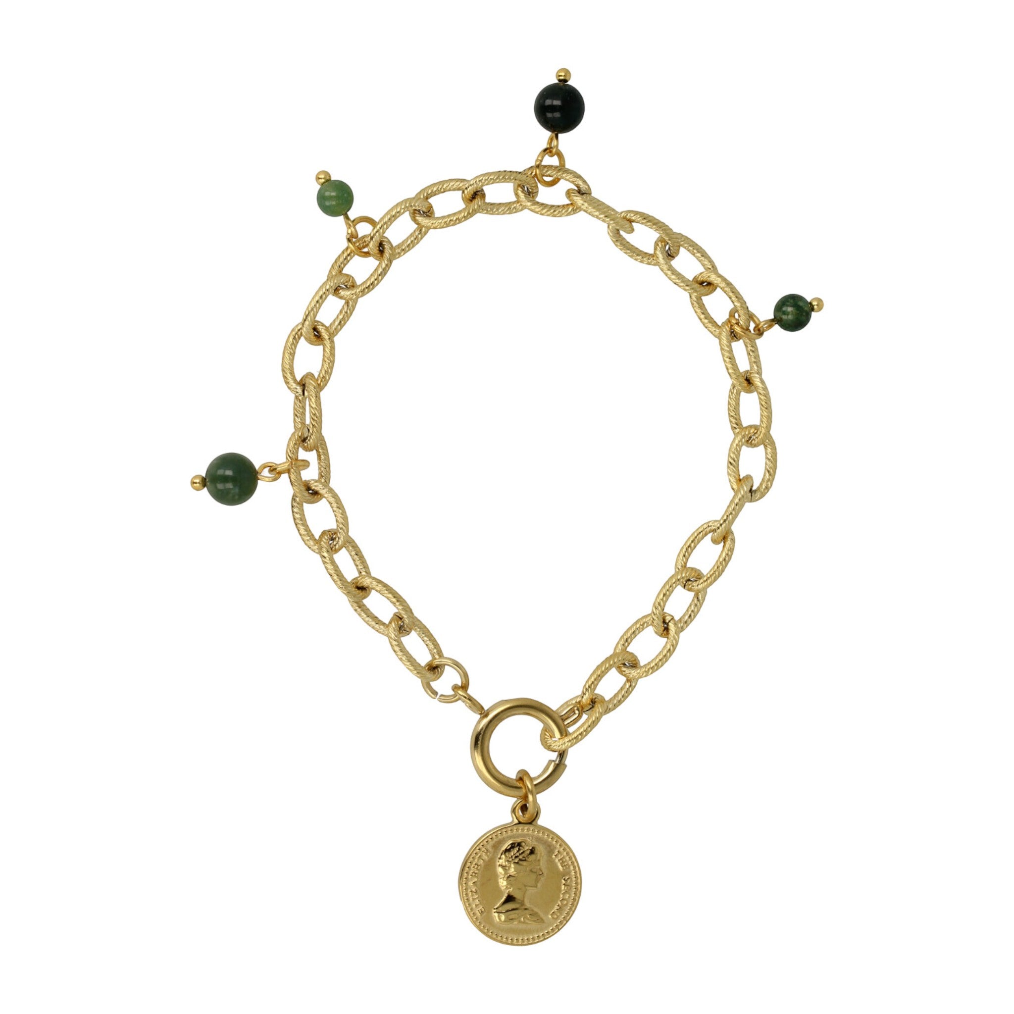 Gouden getwiste schakelarmband met Moss Agate bedels