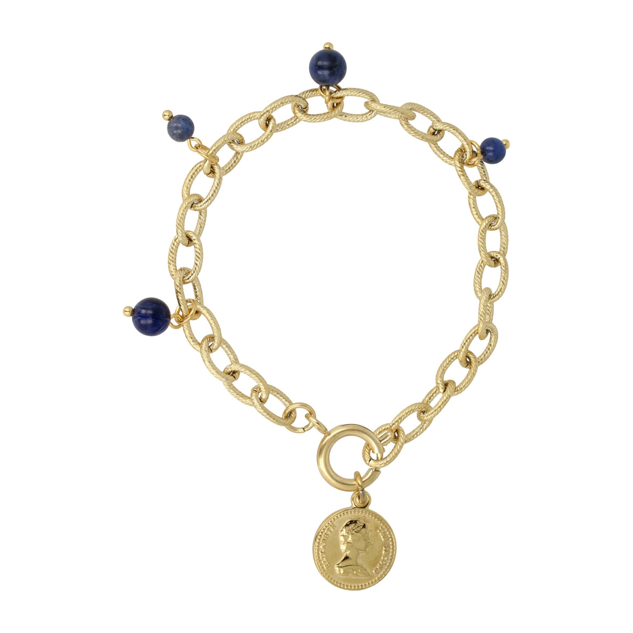 Gouden getwiste schakelarmband met Sodalite bedels