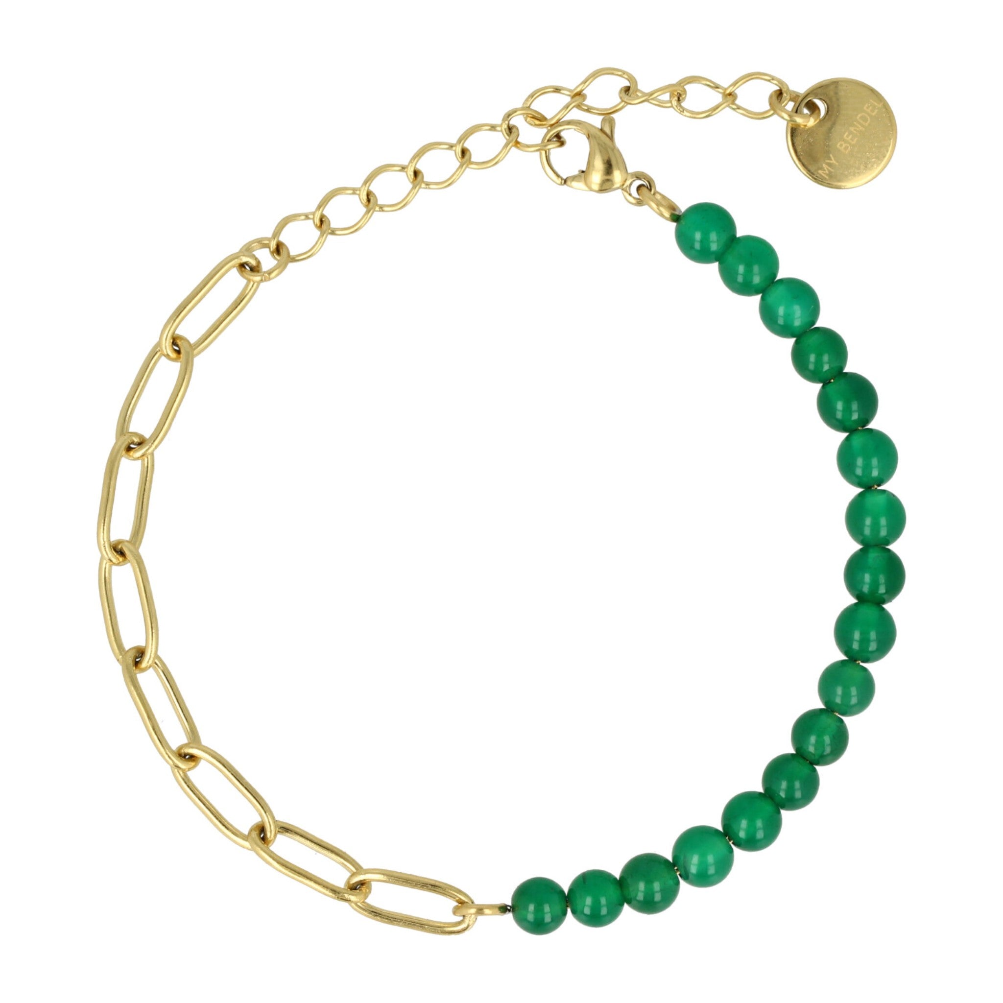 Gouden schakelarmband met Groene Agaat edelstenen