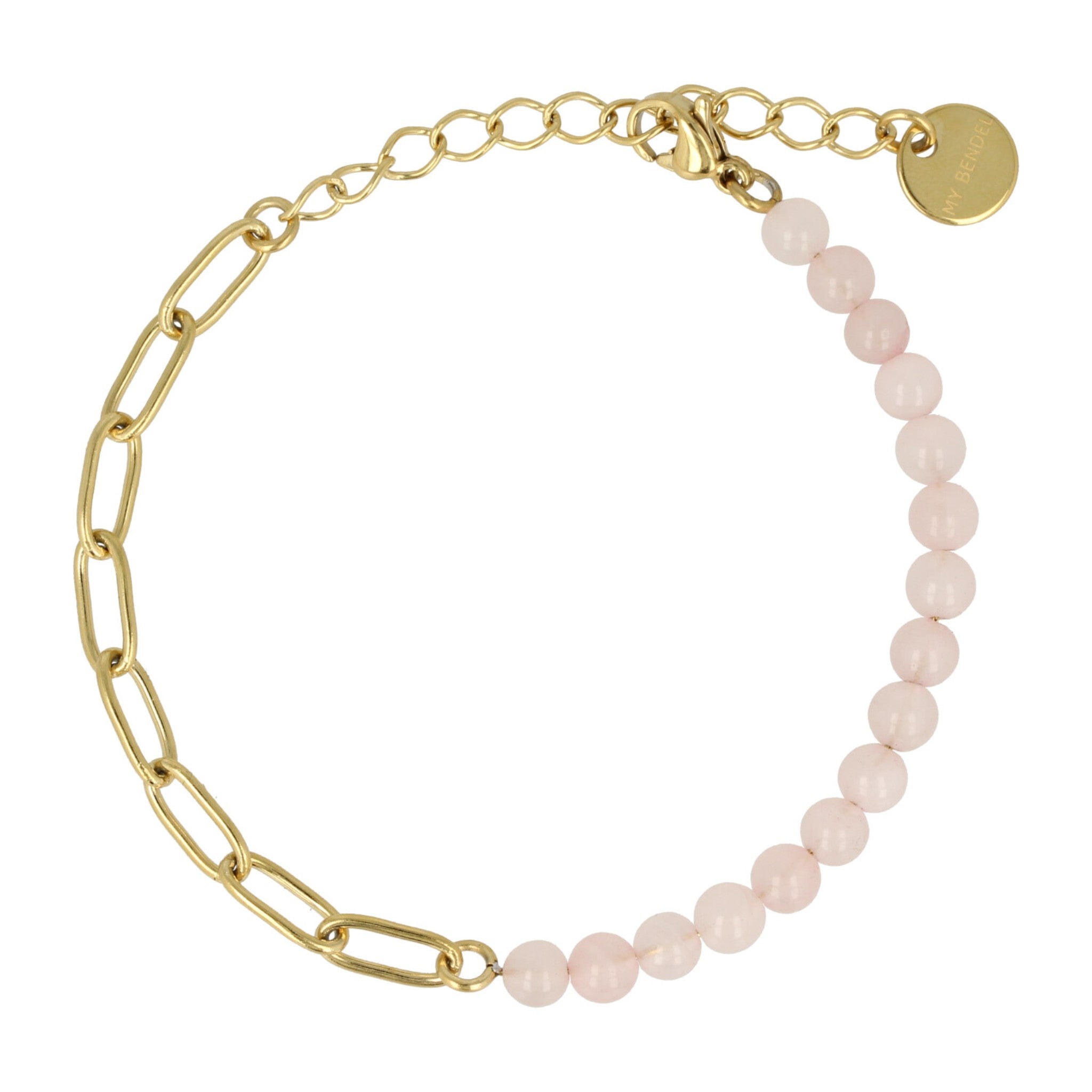 Gouden schakelarmband met Roze Quartz edelstenen