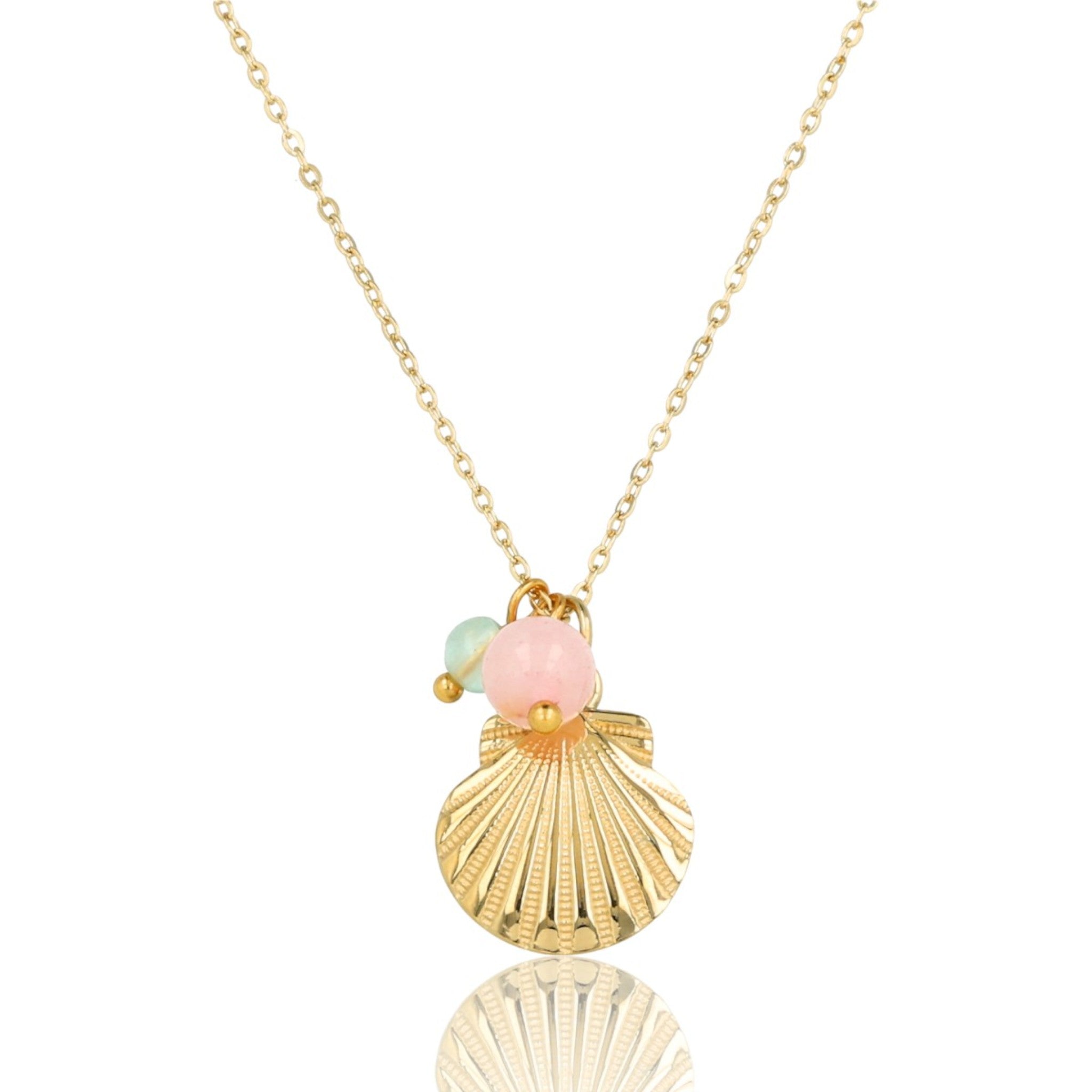 Gouden ketting met schelp, Roze Kwarts en Groene Fluoriet edelstenen