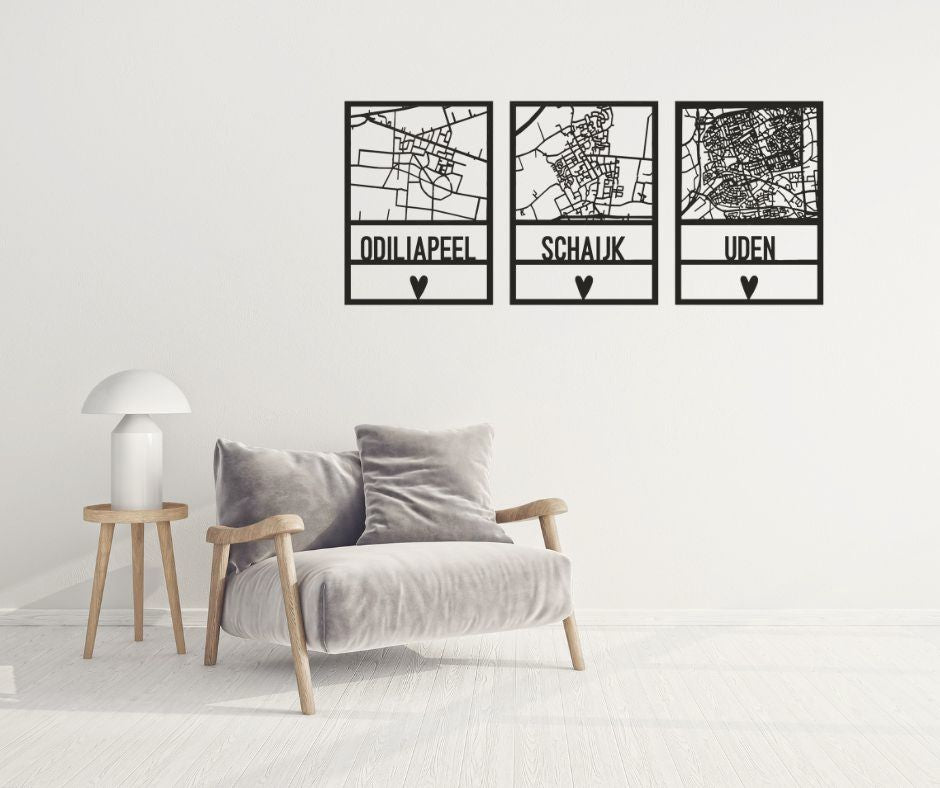 Houten plattegronden van Odiliapeel, Schaijk en Uden, stijlvolle muurdecoratie en lokaal cadeau van cadeauwinkel Omdat.