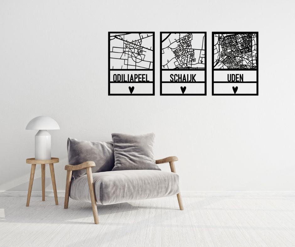 Houten plattegronden van Odiliapeel, Schaijk en Uden, stijlvolle muurdecoratie en lokaal cadeau van cadeauwinkel Omdat.