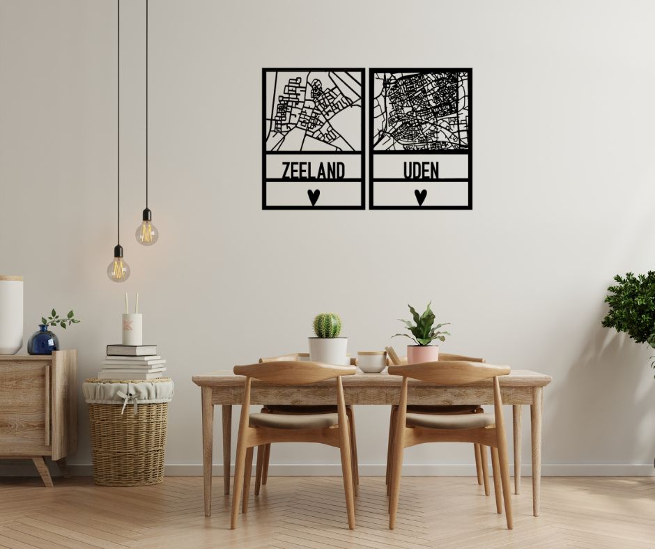 Houten plattegronden van Zeeland en Uden als muurdecoratie, lokaal cadeau uit de Maashorst bij cadeauwinkel Omdat.