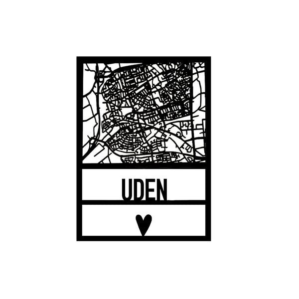 Gedetailleerde houten plattegrond van Uden, laser gesneden wanddecoratie verkrijgbaar bij cadeauwinkel Omdat in Uden.