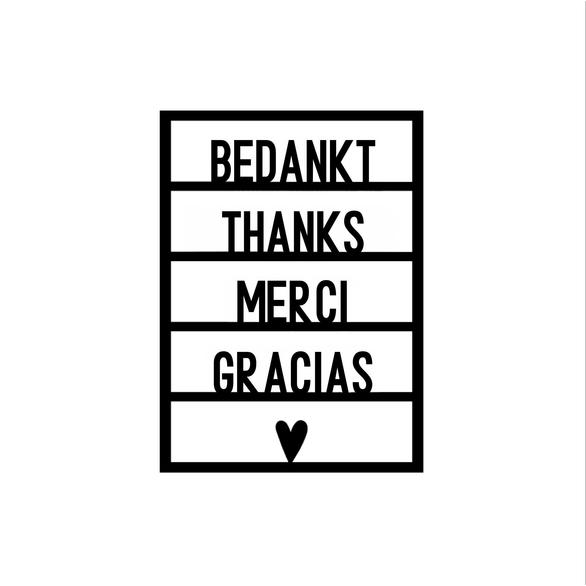 Houten wenskaart – Bedankt thanks merci gracias
